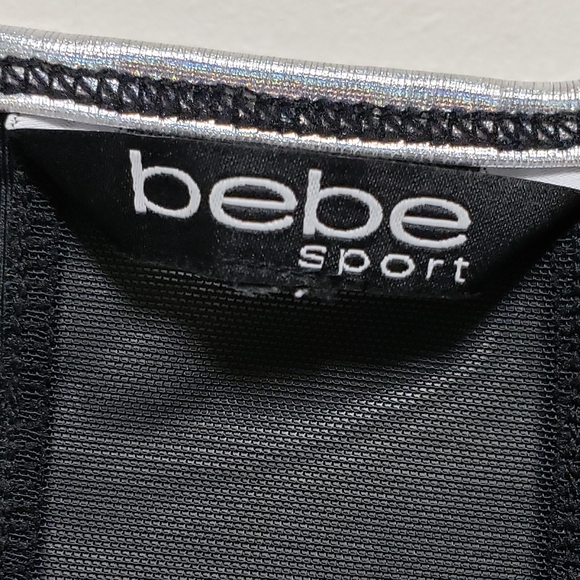 Bebe Sports Training Bra Metallic Trim Silver Black Spandex Women S-L - Picture 3 of 7